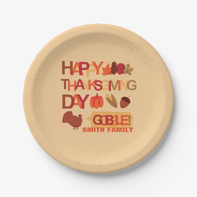 Happy Thanksgiving Day Family Dinner Celebration Paper Plates (Front)