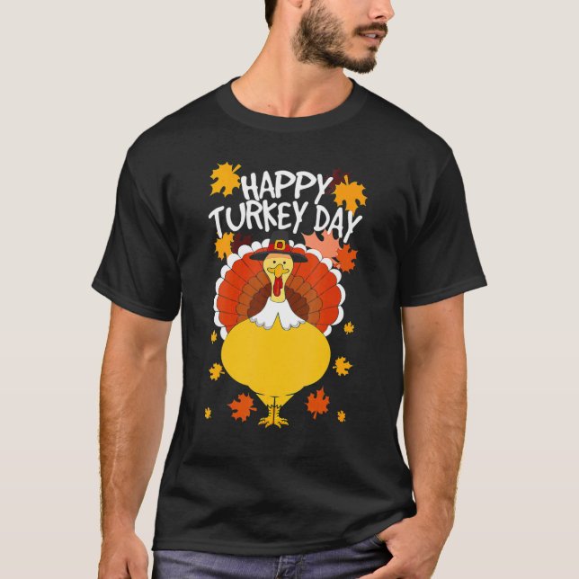 Happy Thanksgiving Day Funny Cute Pilgrim Turkey M T-Shirt (Front)