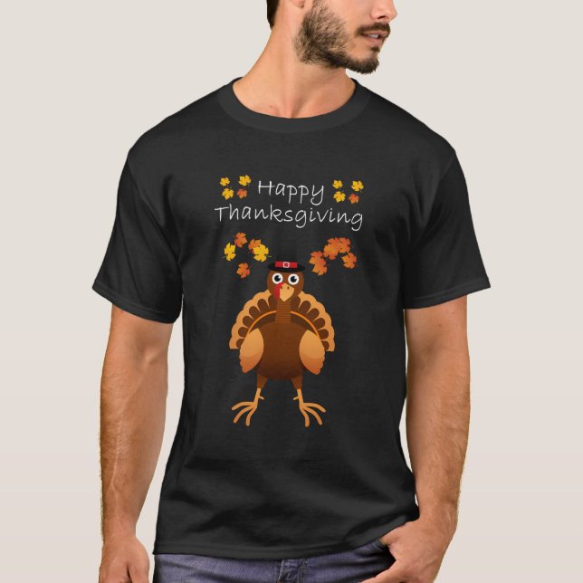Happy Thanksgiving Day Funny Cute Pilgrim Turkey M T-Shirt (Front)