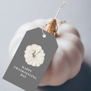 Happy Thanksgiving Day   Grey And White Pumpkin Gift Tags
