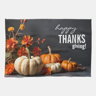Happy Thanksgiving Day Orange Pumpkin Flowers  Kitchen Towel