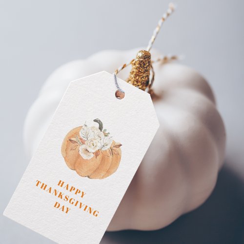 Happy Thanksgiving Day  Pumpkin And Flowers Gift Tags