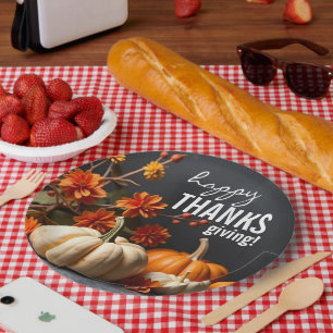 Happy Thanksgiving Day Pumpkin Flowers Paper Plates
