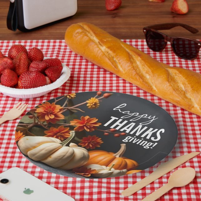Happy Thanksgiving Day Pumpkin Flowers Paper Plates (Picnic)