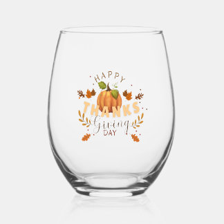 Happy Thanksgiving Day Pumpkin stemless wine glass
