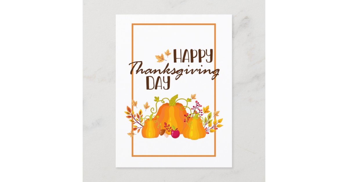 Happy Thanksgiving Day Pumpkin with Leaves Fall Holiday Postcard | Zazzle