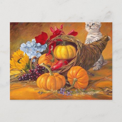 Happy Thanksgiving Day pumpkins with cat Postcard