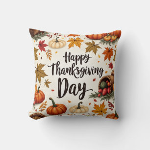 Happy Thanksgiving Day Rustic Autumn Throw Pillow