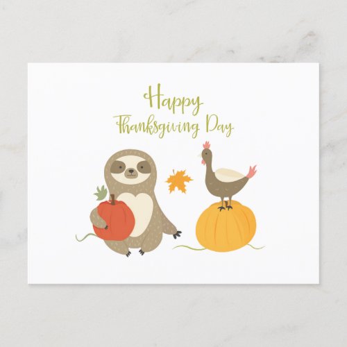 Happy Thanksgiving Day Sloth with turkey postcard