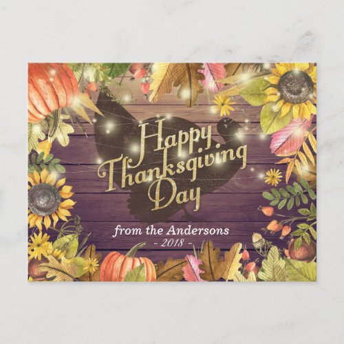 Happy Thanksgiving Day Turkey Pumpkins Fall Leaves Holiday Postcard