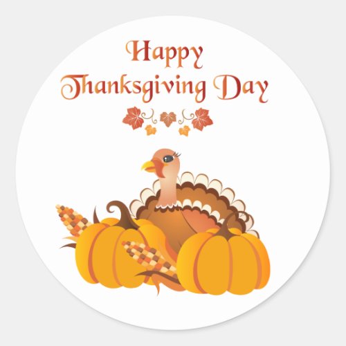 Happy Thanksgiving Day Turkey with Pumpkins Classic Round Sticker