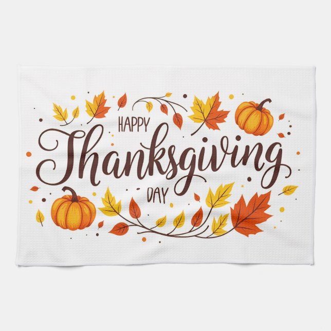 Happy Thanksgiving Day White Kitchen Towel  (Horizontal)