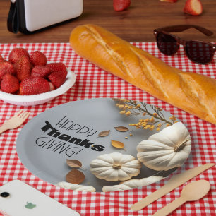 Happy Thanksgiving Day White Pumpkins  Paper Plates