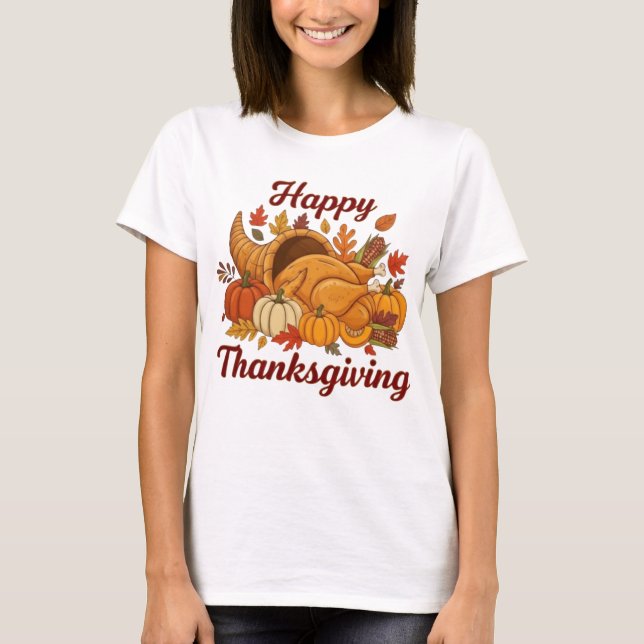 Happy Thanksgiving Design — Fall Leaves, Pumpkins  T-Shirt (Front)