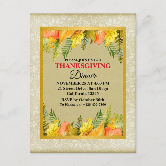 Happy Thanksgiving Dinner Colorful Leaves Holiday Postcard (Front)