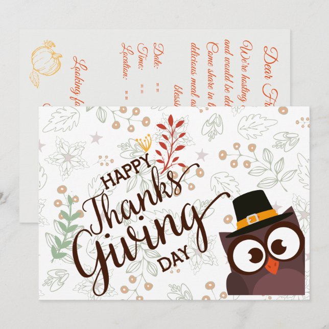 Happy Thanksgiving dinner cute owl  Invitation (Front/Back)