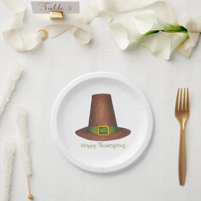 Happy Thanksgiving Dinner Pilgrim Puritan Hat Paper Plates (Wedding)