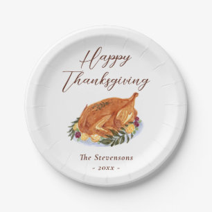 Happy Thanksgiving Dinner Turkey Watercolor Rustic Paper Plates