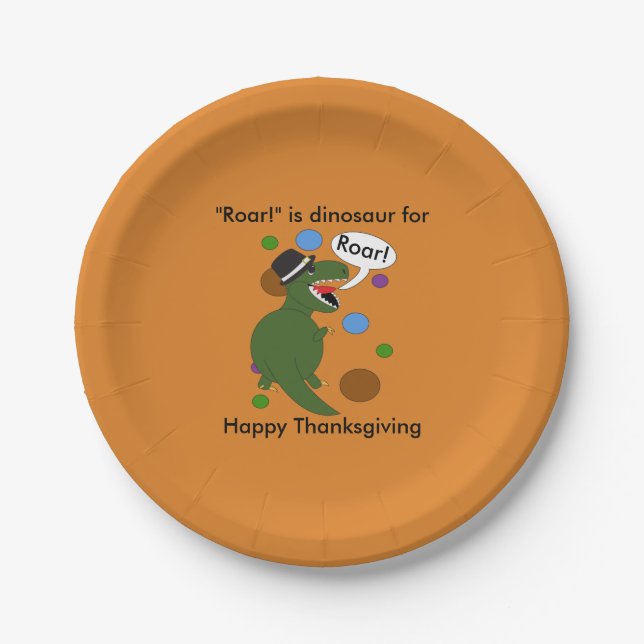 Happy Thanksgiving Dinosaur Roar Funny Personalize Paper Plates (Front)