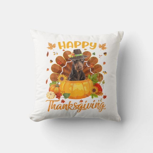 Happy Thanksgiving Doberman Dog Turkey Pumpkin  Throw Pillow (Front)