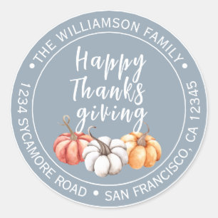 Happy Thanksgiving Dusty Blue Name Return Address Classic Round Sticker