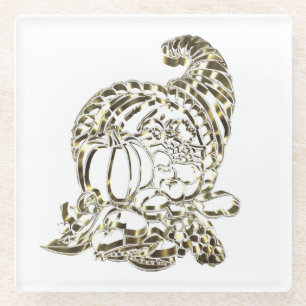 Happy Thanksgiving Elegant Golden Cornucopia Glass Coaster