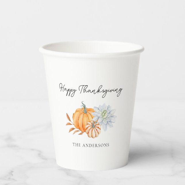 Happy Thanksgiving Elegant Pumpkin Fall Paper Cups (Front)