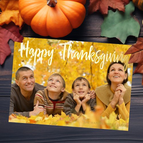 Happy Thanksgiving Elegant Script Over Photo Gold Foil Holiday Card