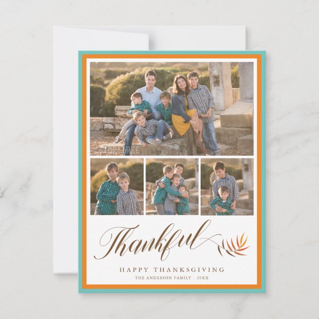 Happy Thanksgiving Elegant Thankful Script 4 Photo Holiday Card (Front)