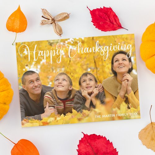 Happy Thanksgiving Elegant White Script Photo Holiday Card