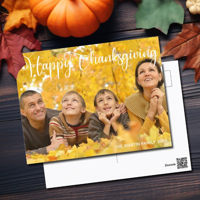 Happy Thanksgiving Elegant White Script Photo Postcard (Creator Uploaded)