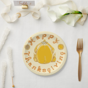 Happy Thanksgiving Fabric Font Turkey and 2 Pies Paper Plates