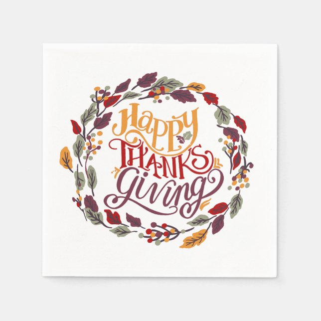 Happy Thanksgiving Fall Autumn Leaves Wreath Napkins (Front)