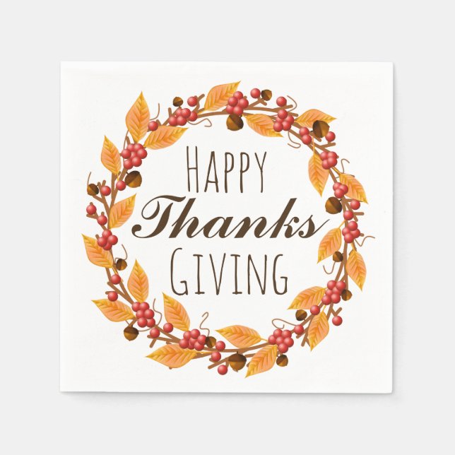 Happy Thanksgiving Fall Autumn Leaves Wreath Napkins (Front)