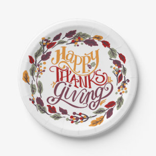 Happy Thanksgiving Fall Autumn Leaves Wreath Paper Plates