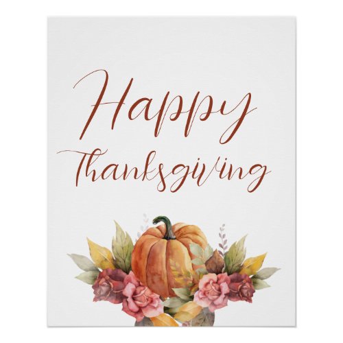 Happy Thanksgiving Fall Autumn Pumpkin Floral Poster