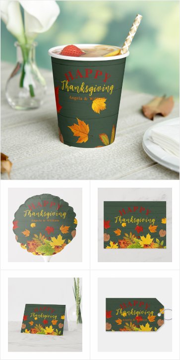 Happy Thanksgiving Fall Colorful Foliage On Wood