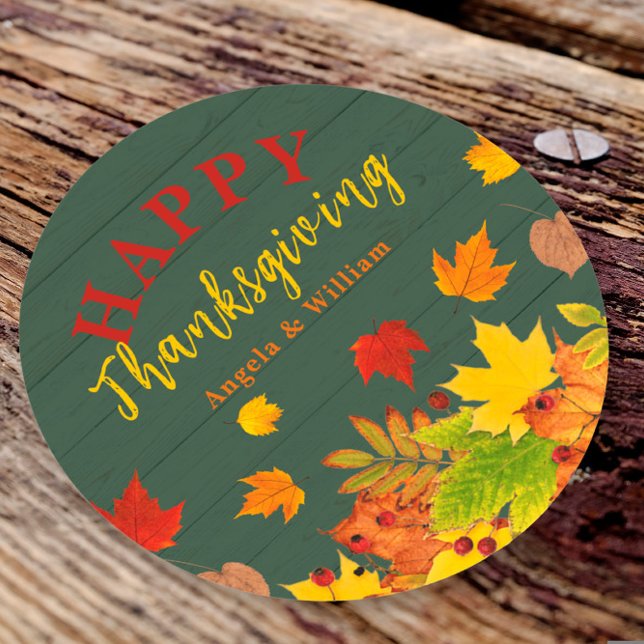 Happy Thanksgiving Fall Colorful Foliage On Wood Classic Round Sticker (Creator Uploaded)