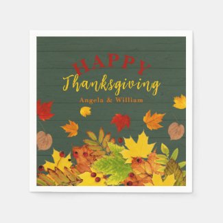 Happy Thanksgiving Fall Colorful Foliage On Wood