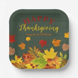 Happy Thanksgiving Fall Colorful Foliage On Wood