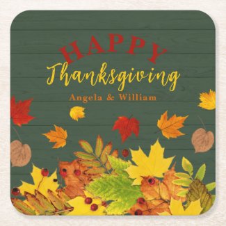 Happy Thanksgiving Fall Colorful Foliage On Wood