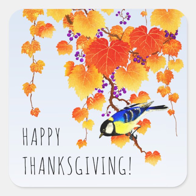 Happy Thanksgiving Fall Grape Vine Great Tit Bird Square Sticker (Front)