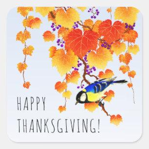 Happy Thanksgiving Fall Grape Vine Great Tit Bird Square Sticker