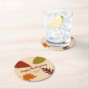 Happy Thanksgiving Fall Leaves and Host's Name Round Paper Coaster
