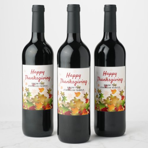 Happy Thanksgiving Fall Leaves Personalized Name Wine Label