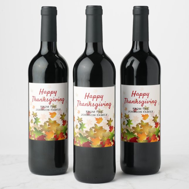 Happy Thanksgiving Fall Leaves Personalized Name Wine Label (Bottles)