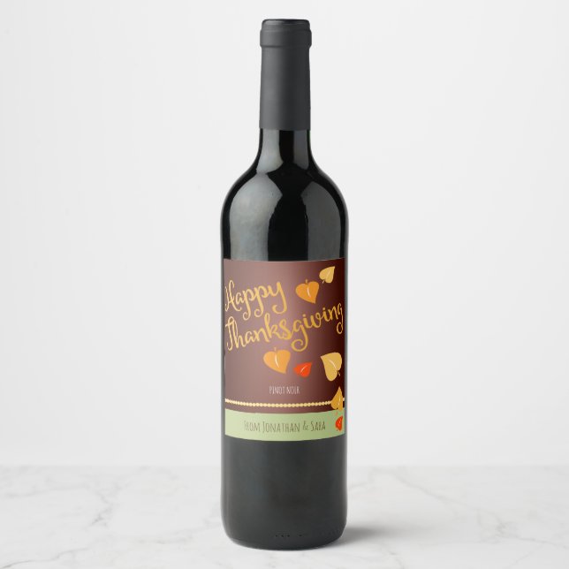 Happy Thanksgiving, Fall Leaves Personalized Wine Label (Front)