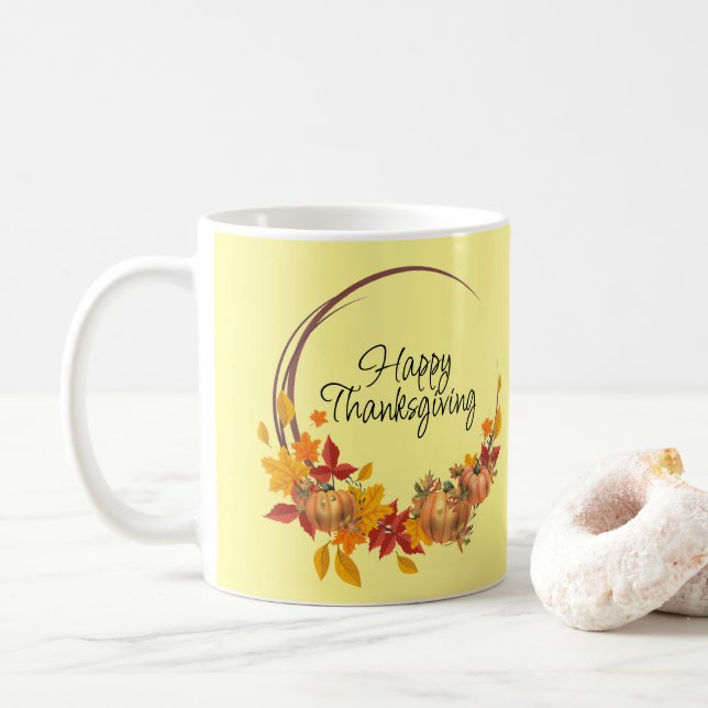 HAPPY THANKSGIVING Fall Leaves Pumpkins Holiday Coffee Mug (With Donut)