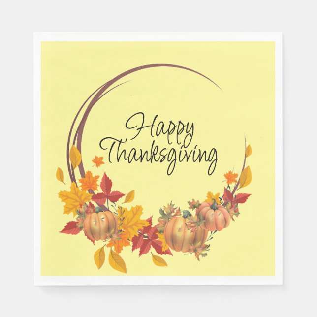 HAPPY THANKSGIVING Fall Leaves Pumpkins Wreath Napkins (Front)