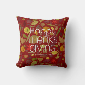 Happy Thanksgiving Fall Leaves Rusty Red Family Throw Pillow